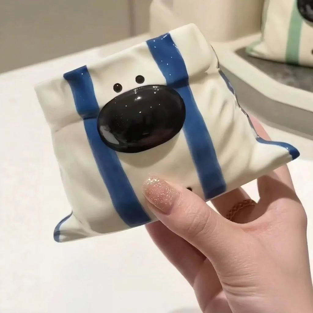 Snack Cup Ceramic Puppy Design Built-In Chopstick Holder