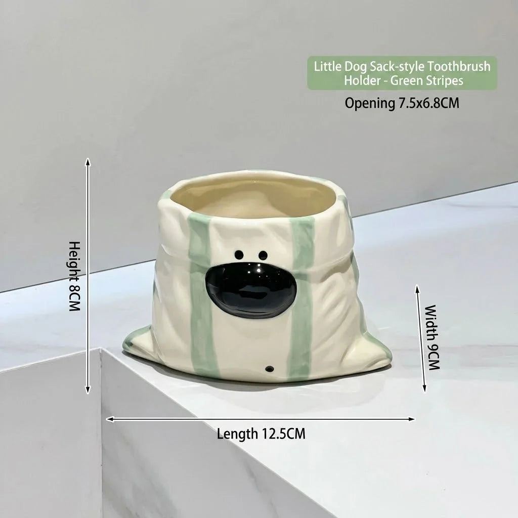 Snack Cup Ceramic Puppy Design Built-In Chopstick Holder
