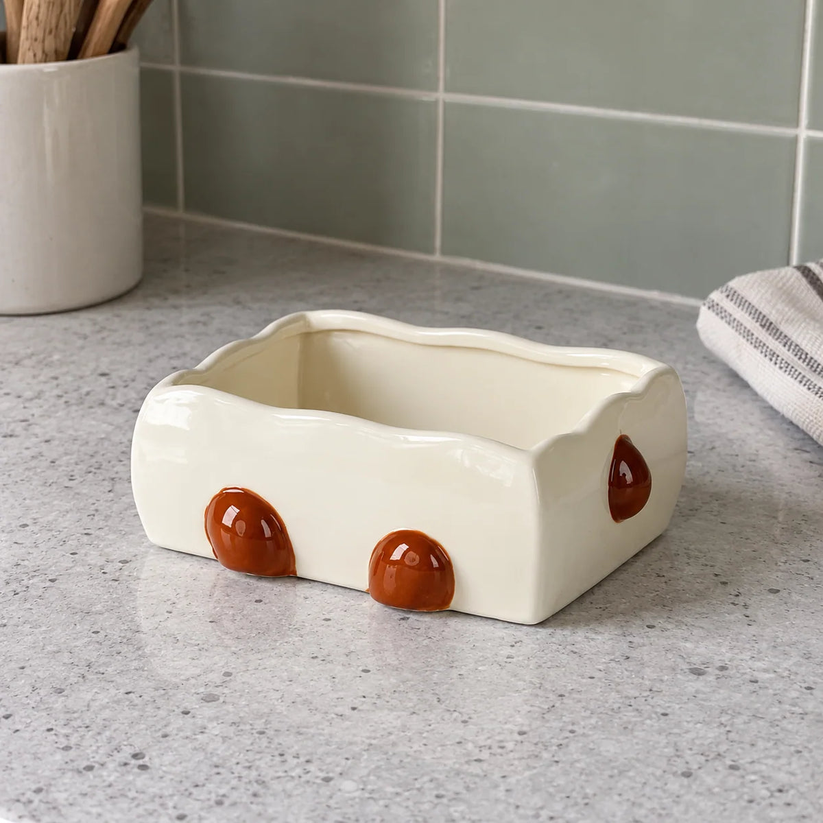 Snack Plate Ceramic Toast Shape with Display Base