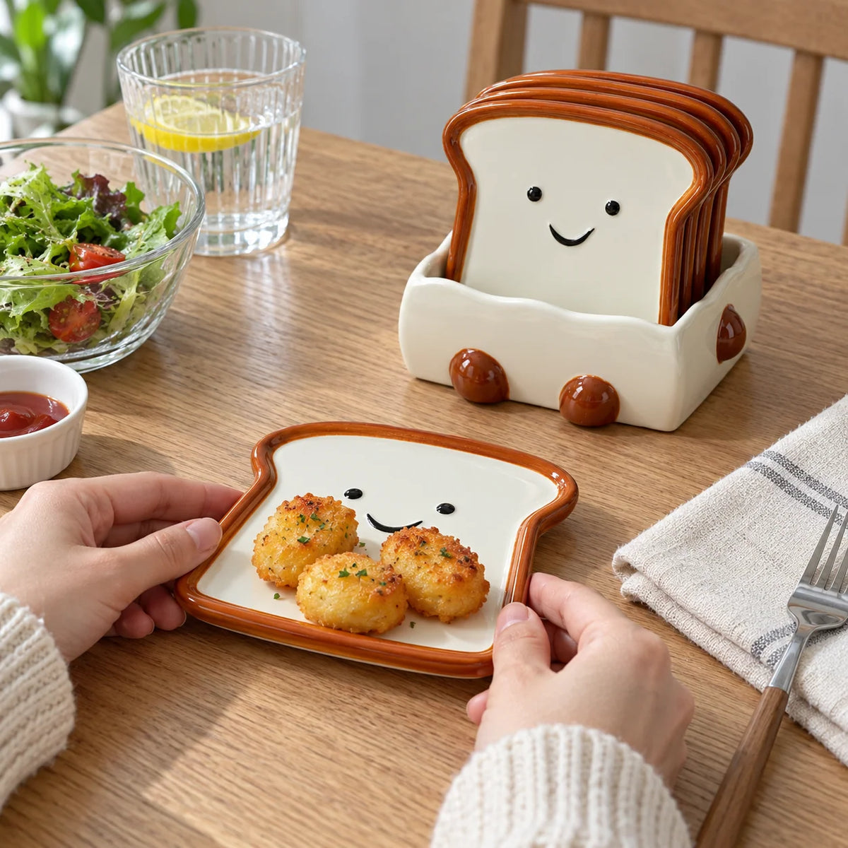 Snack Plate Ceramic Toast Shape with Display Base