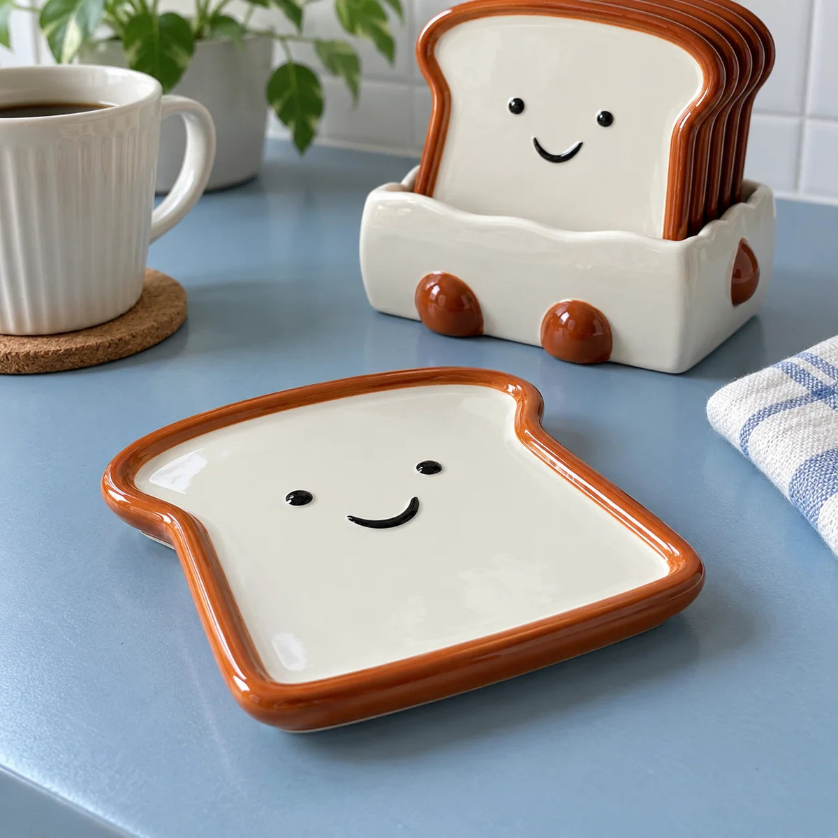 Snack Plate Ceramic Toast Shape with Display Base