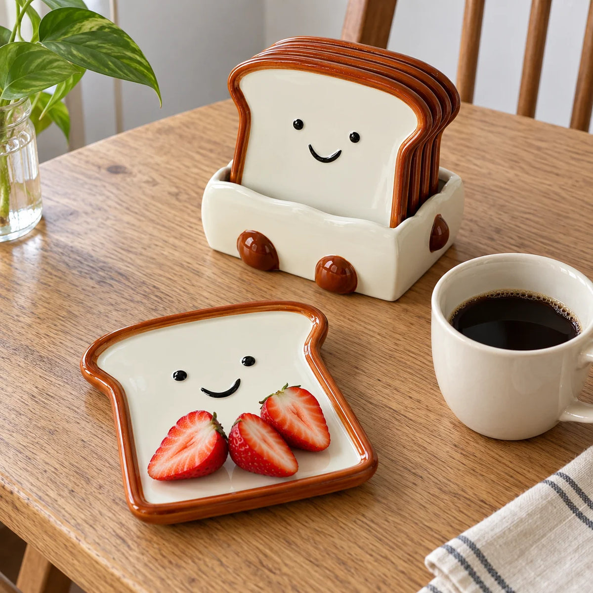 Snack Plate Ceramic Toast Shape with Display Base