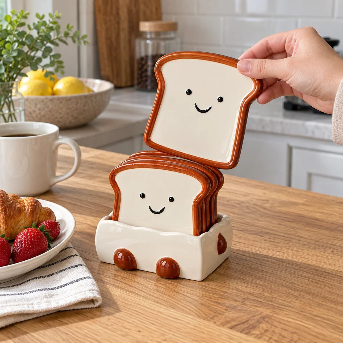 Snack Plate Ceramic Toast Shape with Display Base