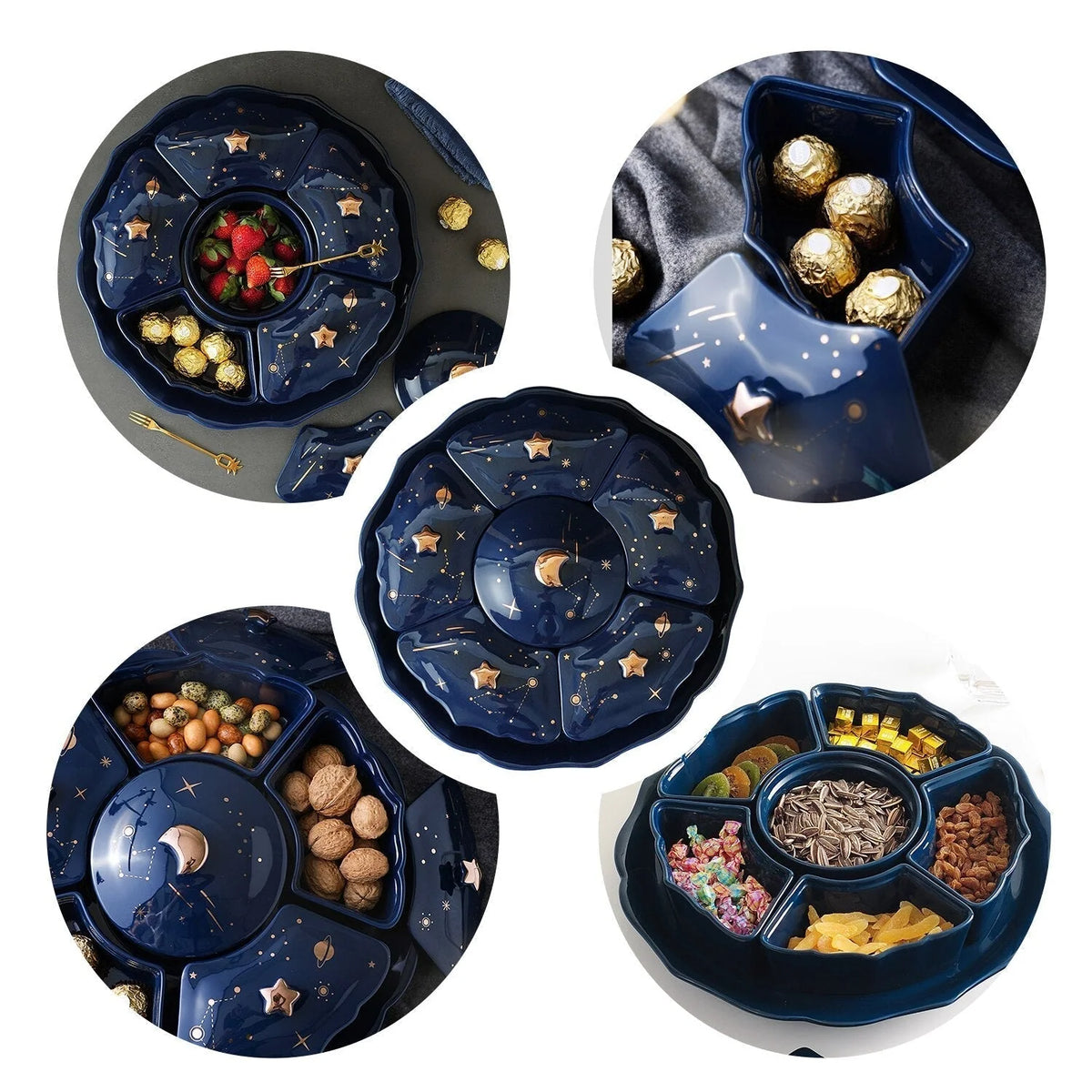 Snack Plate Rotating Ceramic 5 Compartments Star Pattern