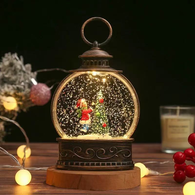 Snow Globe Lamp Glass Dome Warm LED Wooden Base