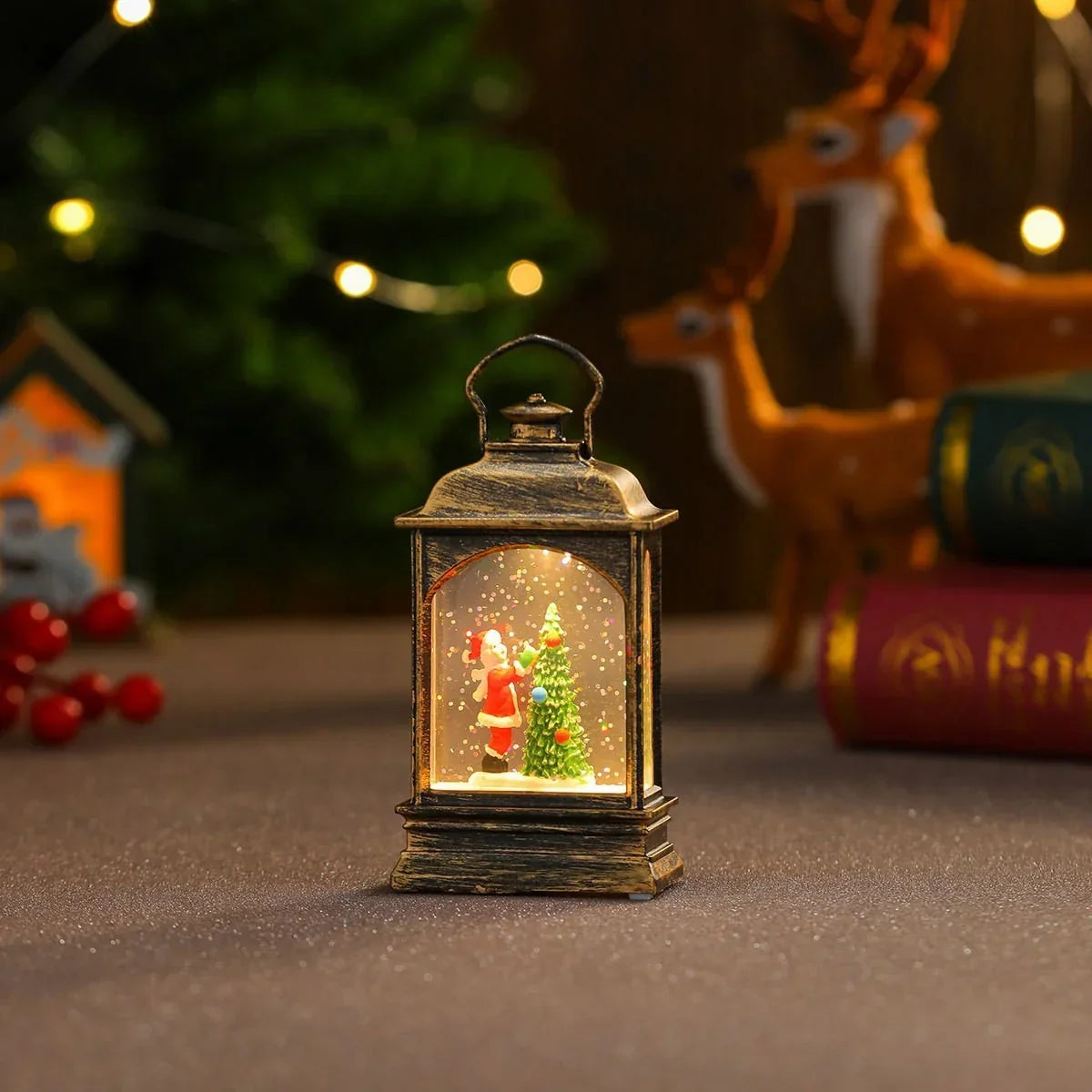 Snow Globe Lamp Glass Dome Warm LED Wooden Base