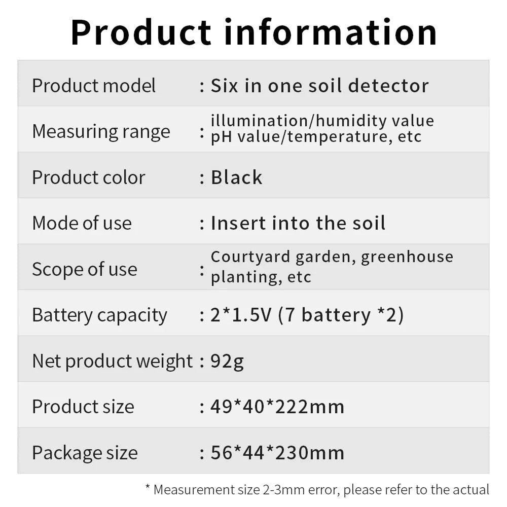 Soil & Environment Tester 6-In-1 Dual Metal Probes