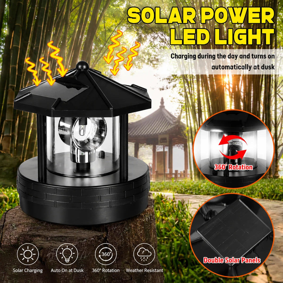 Solar Garden Light Rotating Beacon Automatic Dusk Sensor