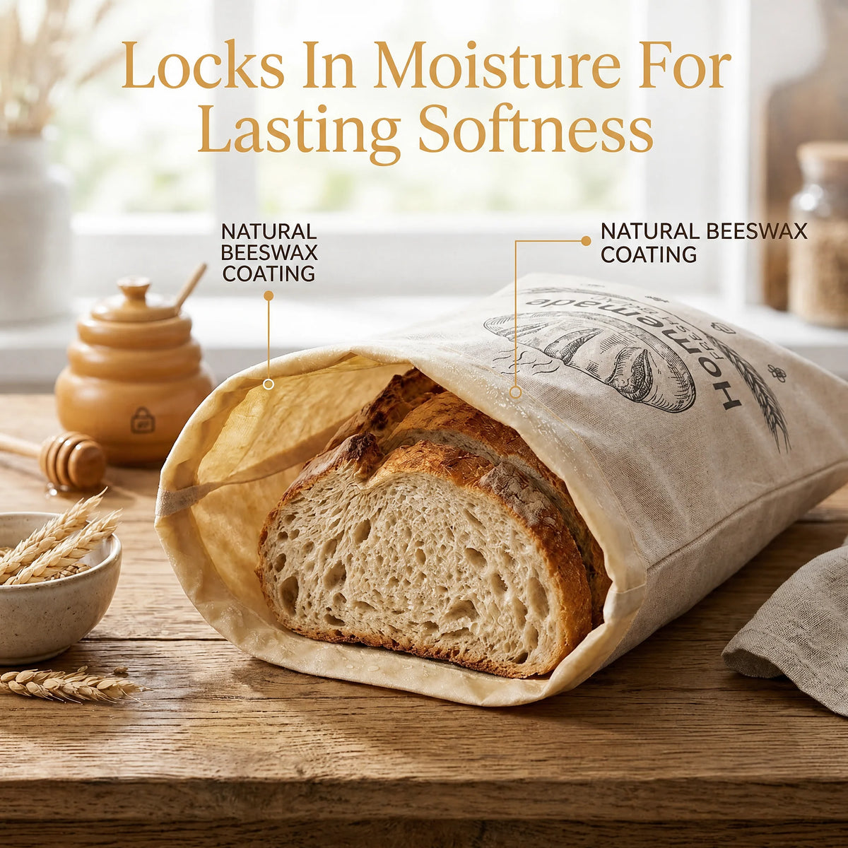 Sourdough Bread Bag Beeswax-Lined Organic Linen Freezer-Safe