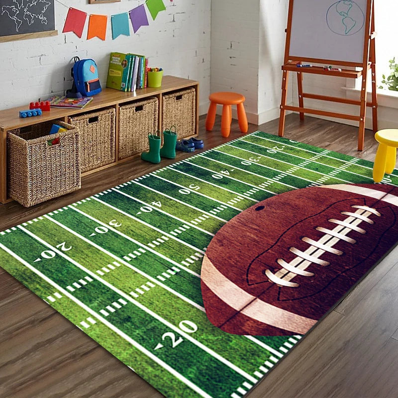 Sports Area Rug Soccer Field Design Non-Slip Backing Stain-Resistant