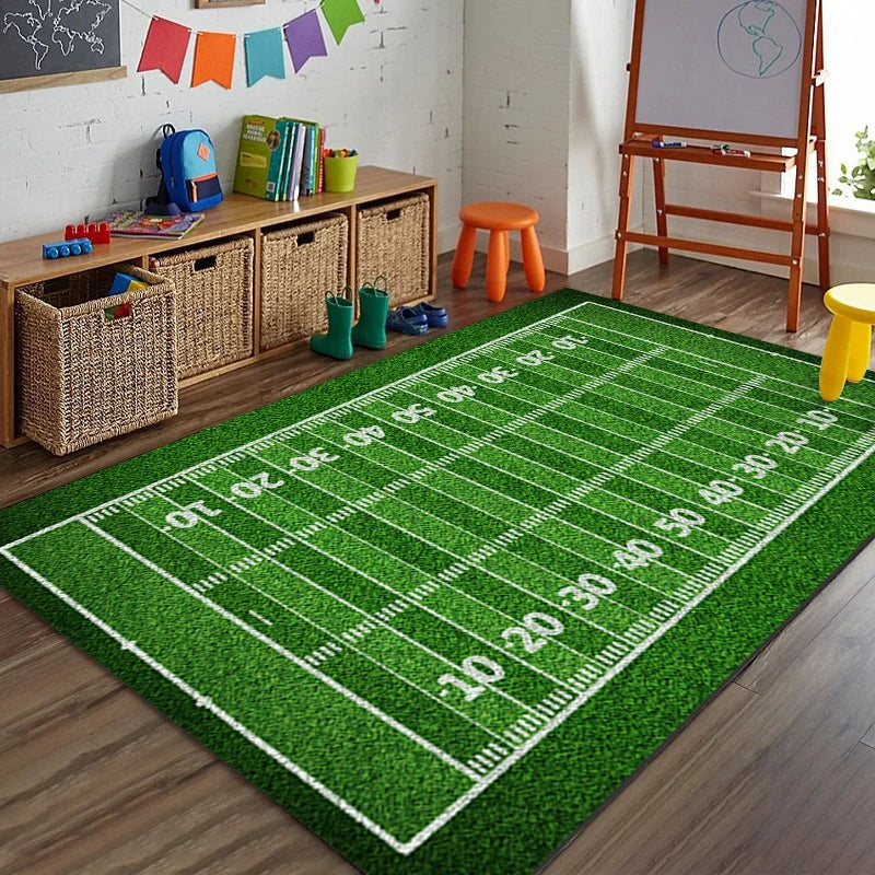 Sports Area Rug Soccer Field Design Non-Slip Backing Stain-Resistant