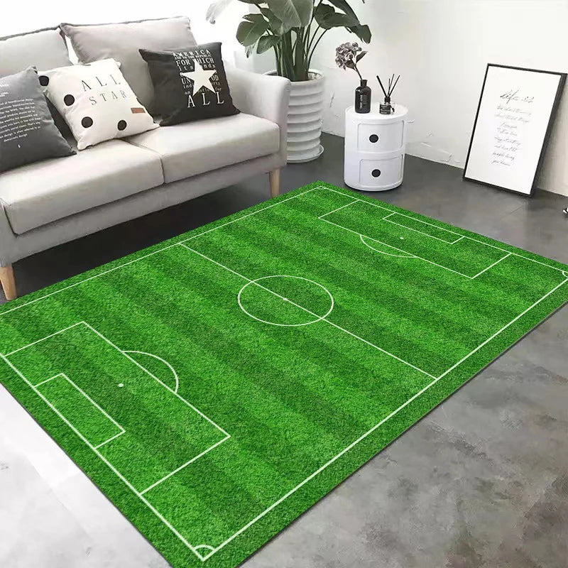 Sports Area Rug Soccer Field Design Non-Slip Backing Stain-Resistant