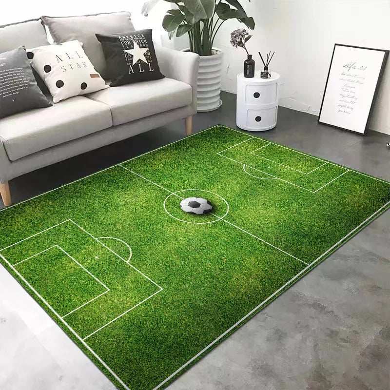 Sports Area Rug Soccer Field Design Non-Slip Backing Stain-Resistant