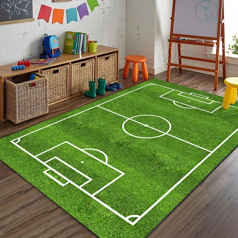 Sports Area Rug Soccer Field Design Non-Slip Backing Stain-Resistant