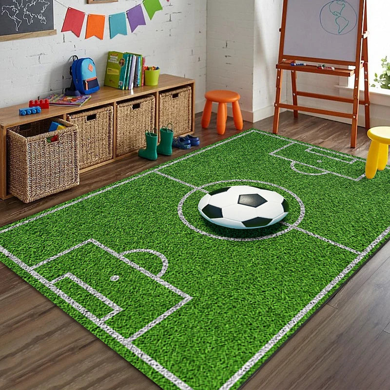 Sports Area Rug Soccer Field Design Non-Slip Backing Stain-Resistant