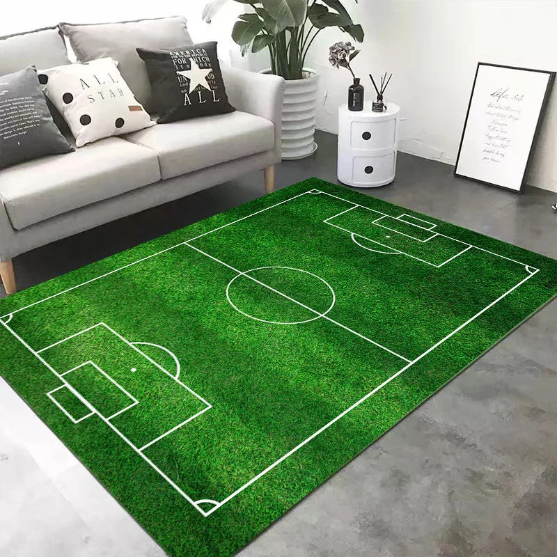 Sports Area Rug Soccer Field Design Non-Slip Backing Stain-Resistant