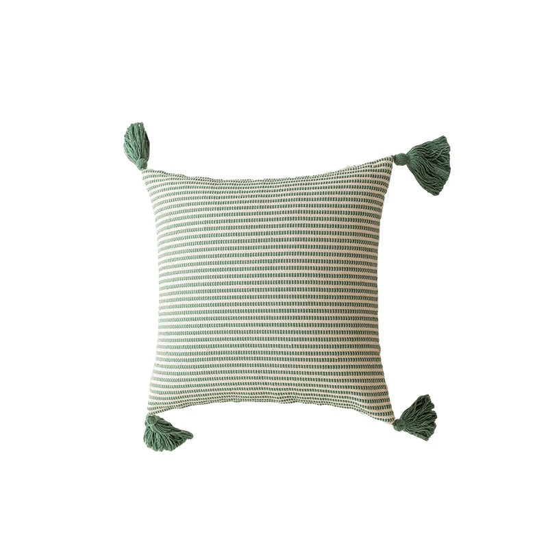 Square Accent Pillow Cotton-Blend Knitted Stripes Oversized Tassels