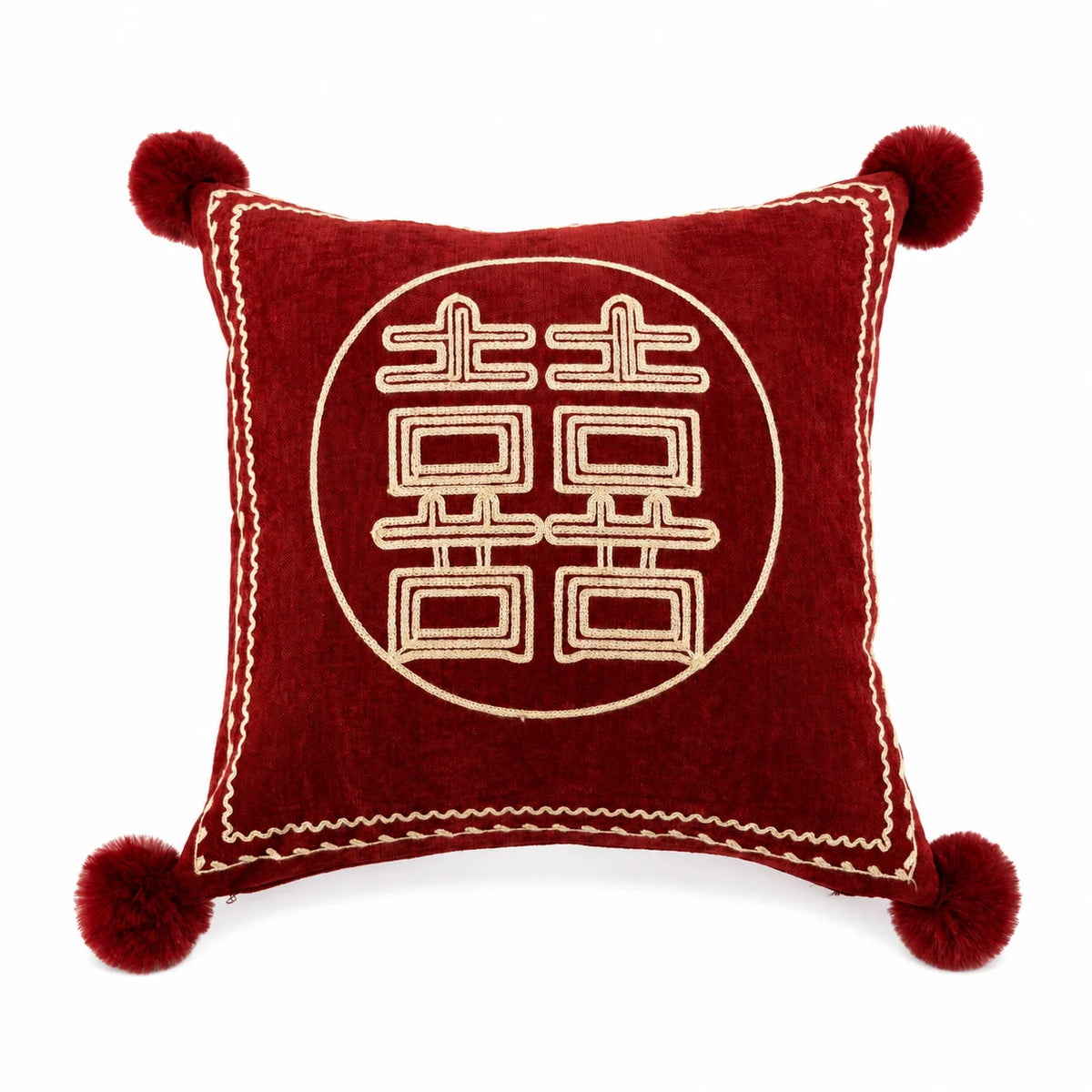 Square Accent Pillow Embroidered Velvet Pom-Pom Trim Removable Cover