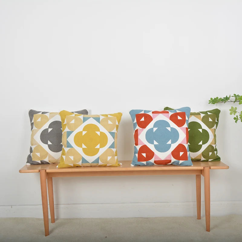 Square Accent Pillow Geometric Layered Applique Cotton-Linen & Concealed Zipper