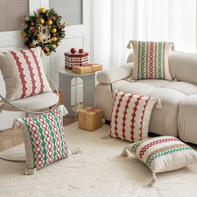 Square Accent Pillow Handloom Cotton Geometric Embroidery Knotted Tassels