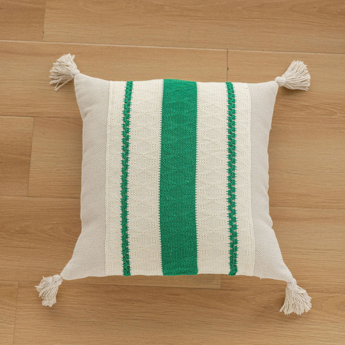 Square Accent Pillow Handloom Cotton Geometric Embroidery Knotted Tassels
