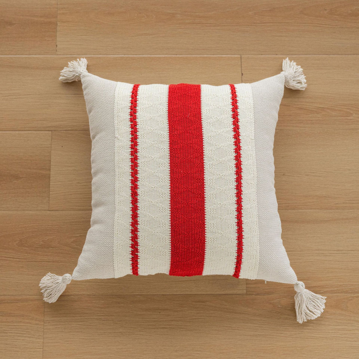 Square Accent Pillow Handloom Cotton Geometric Embroidery Knotted Tassels