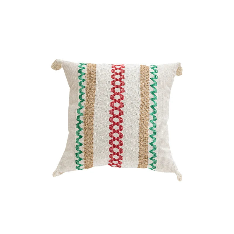 Square Accent Pillow Handloom Cotton Geometric Embroidery Knotted Tassels