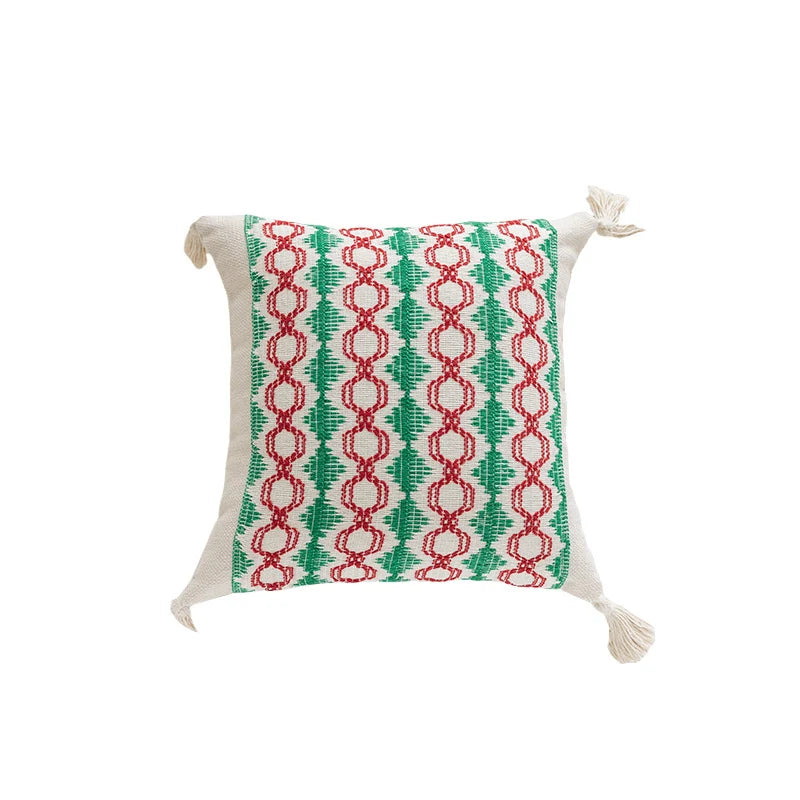 Square Accent Pillow Handloom Cotton Geometric Embroidery Knotted Tassels