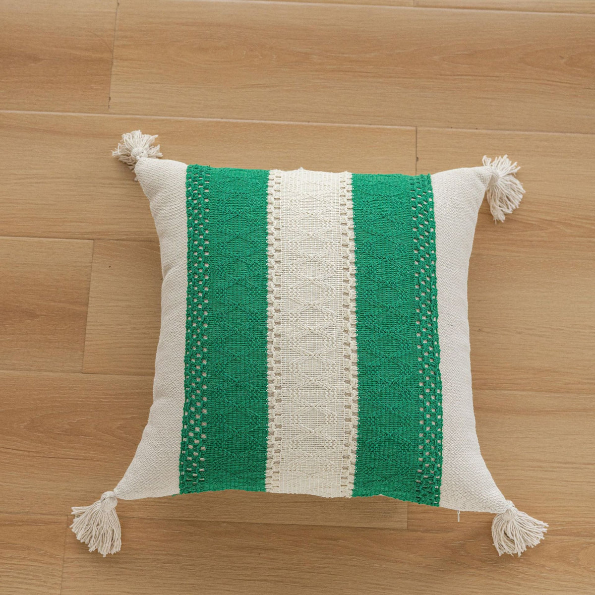 Square Accent Pillow Handloom Cotton Geometric Embroidery Knotted Tassels