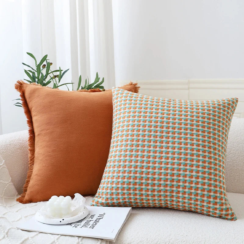 Square Cushion Cover Cotton-Linen Houndstooth 18 x 18 In