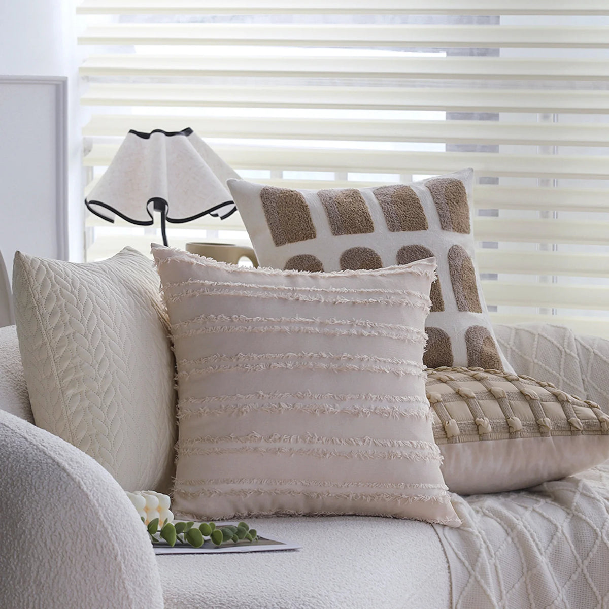 Square Cushion Cover Cotton-Linen Raised Knot Grid 18x18in