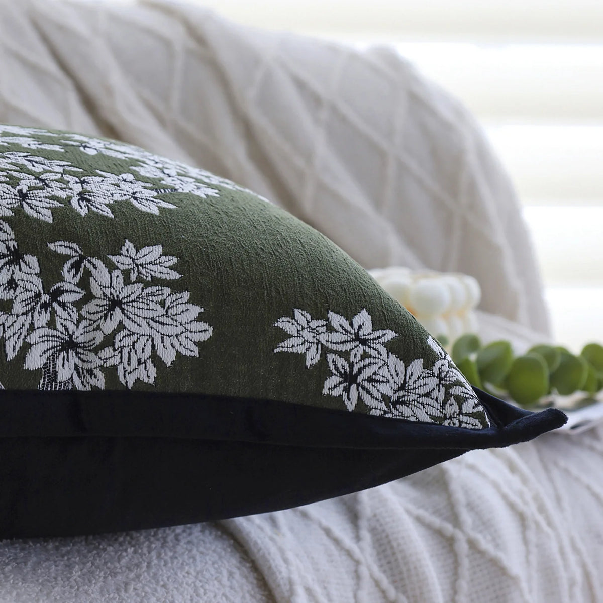 Square Cushion Cover Embroidered Jacquard Concealed Zipper & Velvet Back