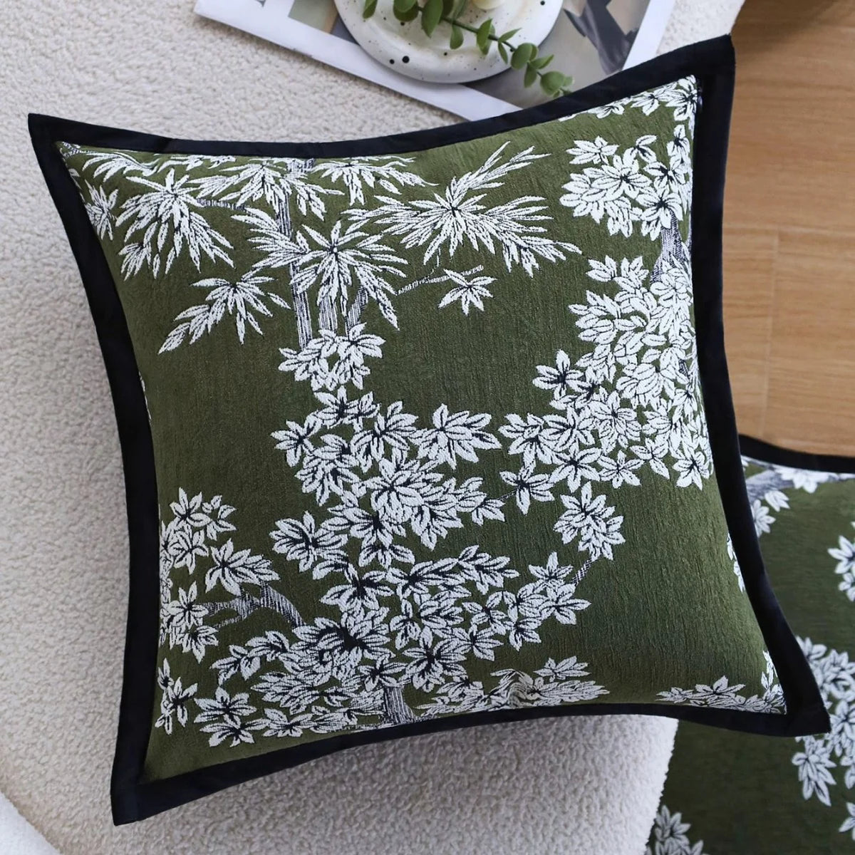 Square Cushion Cover Embroidered Jacquard Concealed Zipper & Velvet Back