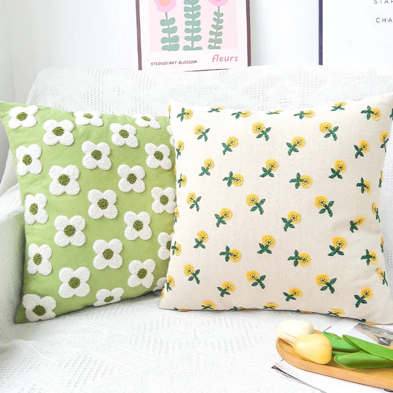 Square Cushion Cover Hand-Tufted Floral Cotton-Linen & Concealed Zipper