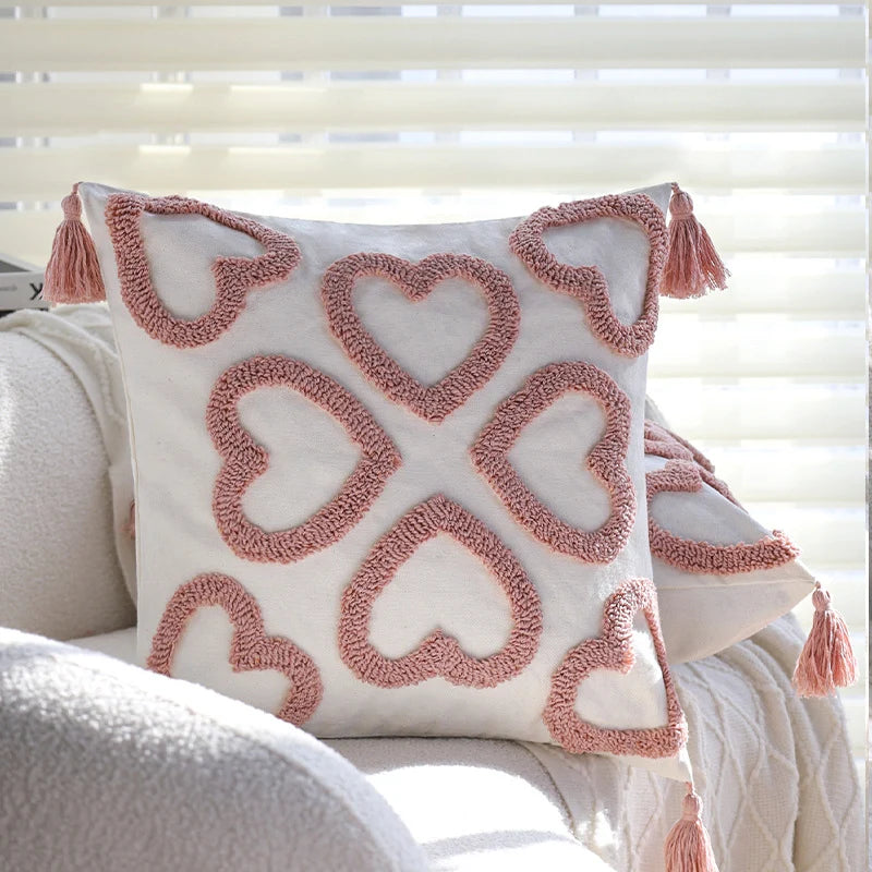 Square Cushion Cover Hand-Tufted Hearts & Tassels