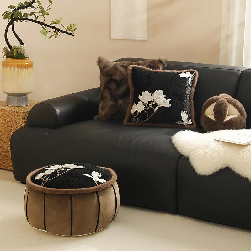 Square Cushion Cover Magnolia Embroidered Velvet Faux Fur Trim