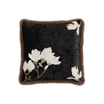 Square Cushion Cover Magnolia Embroidered Velvet Faux Fur Trim