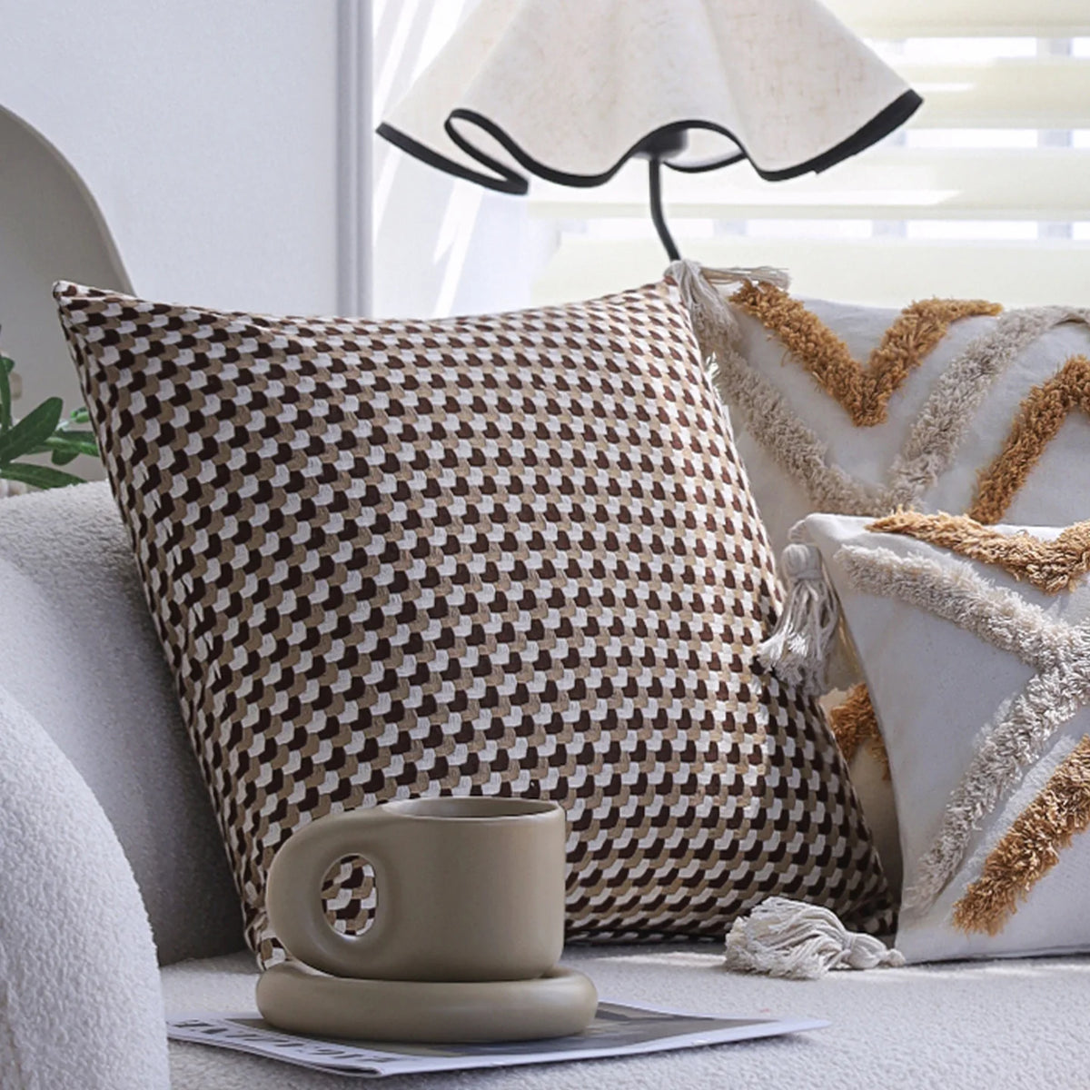 Square Cushion Cover Textured Mini Houndstooth Jacquard Concealed Zipper