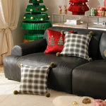 Square Cushion Cover Woven Check Cotton Corner Pom-Poms