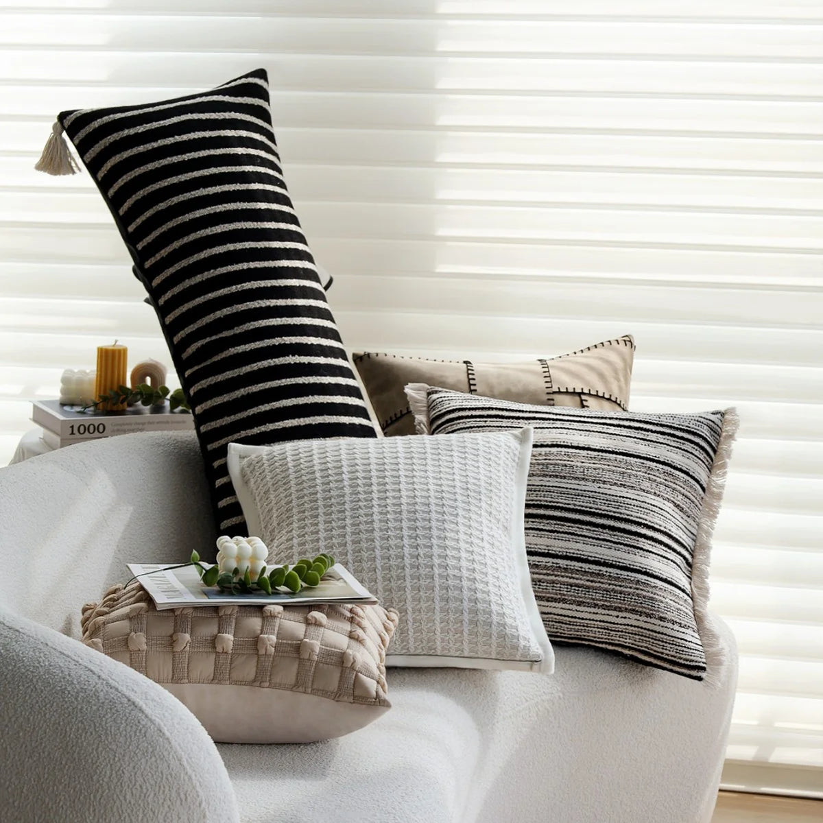 Square Cushion Cover Woven Stripe Cotton Blend
