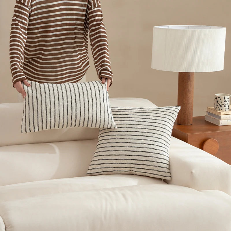 Square Cushion Cover Woven Striped Cotton Blend Concealed Zipper