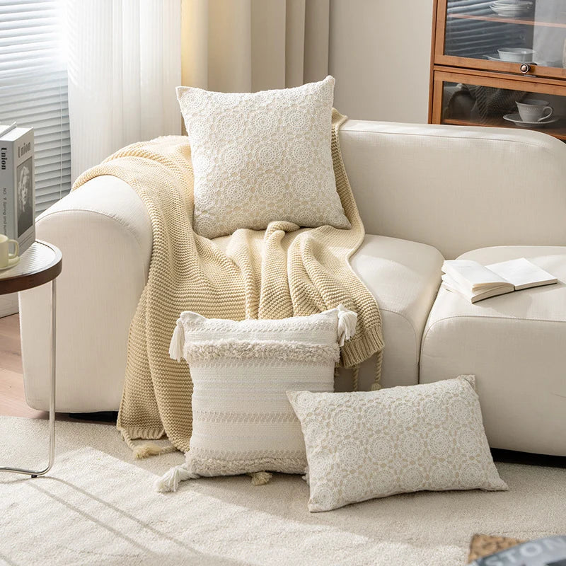 Square Decorative Cushion Linen Base & Crochet Overlay Removable Cover