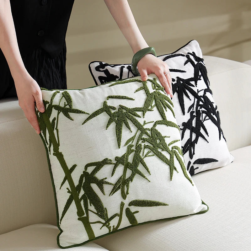 Square Decorative Pillow Cover Hand-Tufted Bamboo Motif Linen-Look Cotton-Blend
