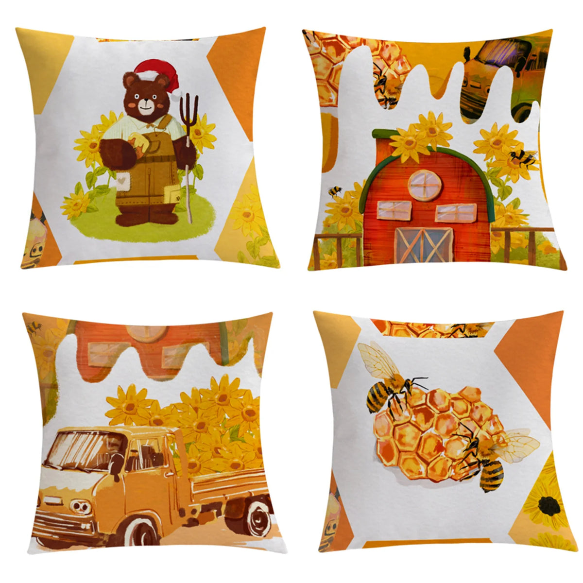 Square Pillow Cover Bee Honeycomb Print Concealed Zipper