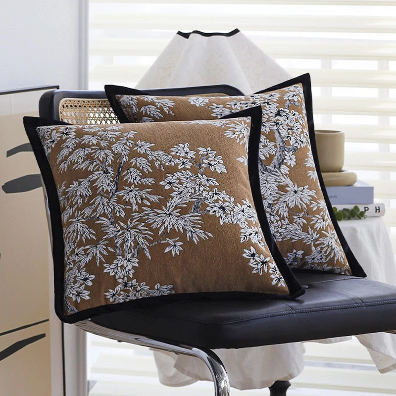 Square Pillow Cover Cotton-Linen Floral Jacquard