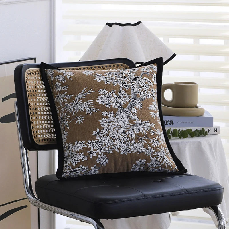 Square Pillow Cover Cotton-Linen Floral Jacquard