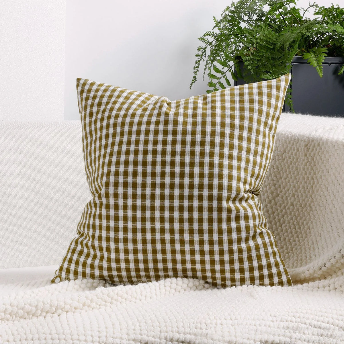 Square Pillow Cover Cotton-Linen Gingham Hidden Zipper