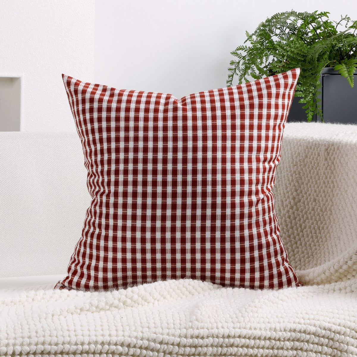 Square Pillow Cover Cotton-Linen Gingham Hidden Zipper