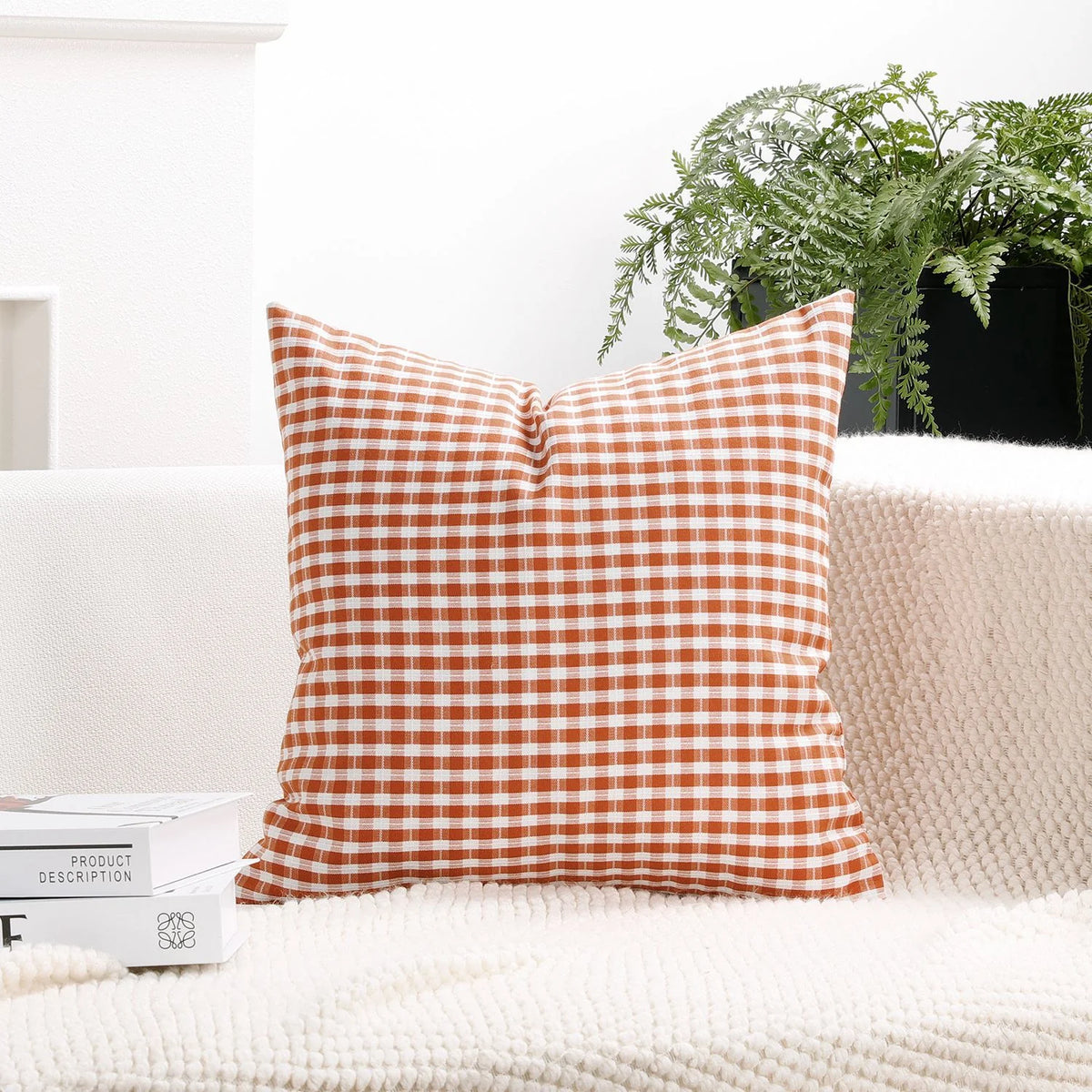 Square Pillow Cover Cotton-Linen Gingham Hidden Zipper