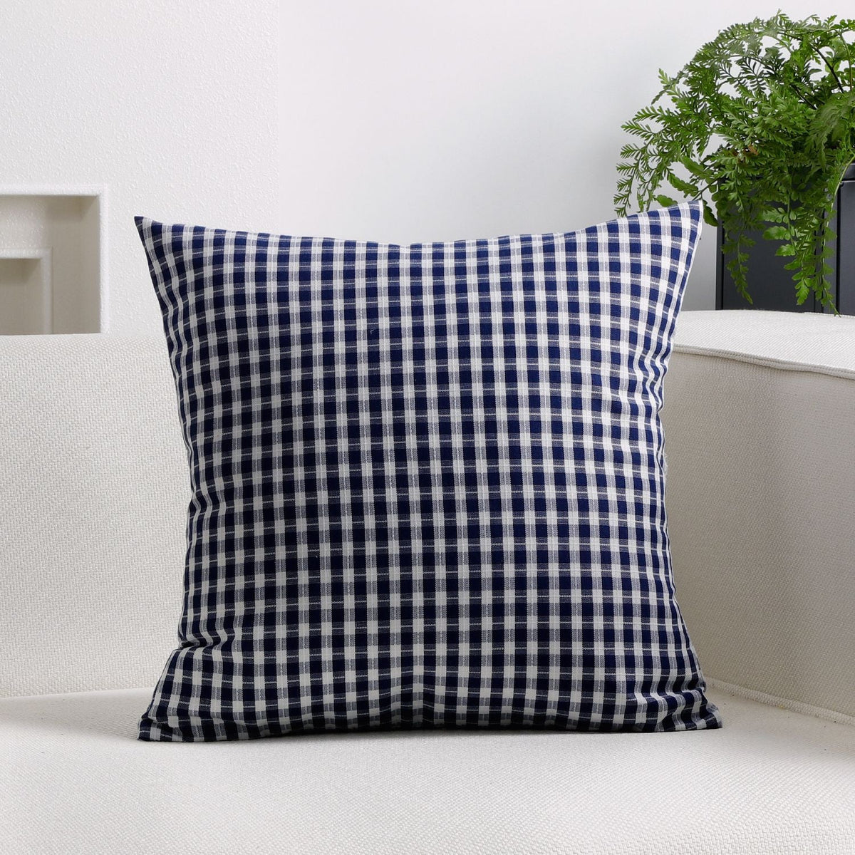 Square Pillow Cover Cotton-Linen Gingham Hidden Zipper